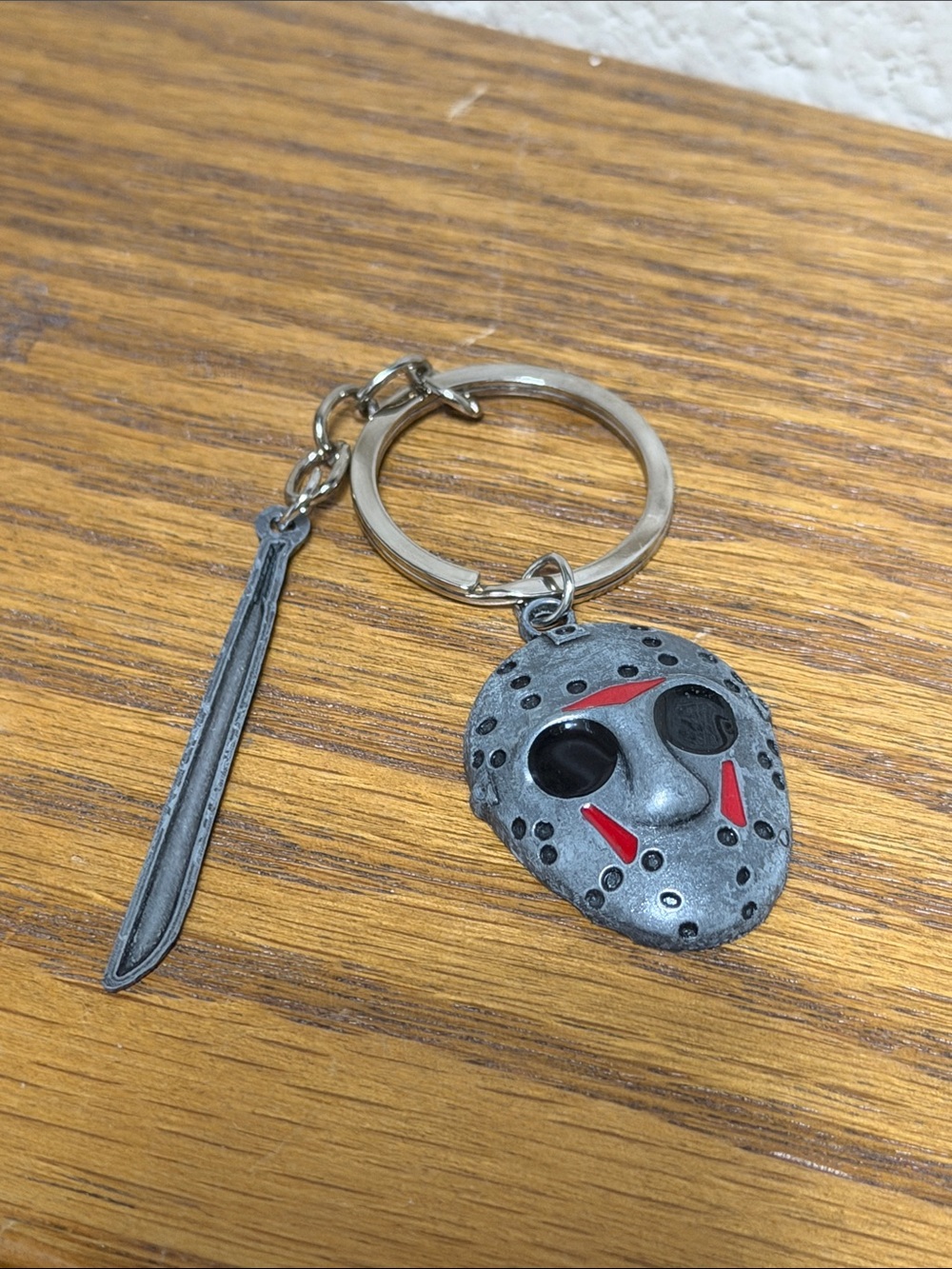 Jason Hockey Mask Keychain with Sword Charm - Silver/Red